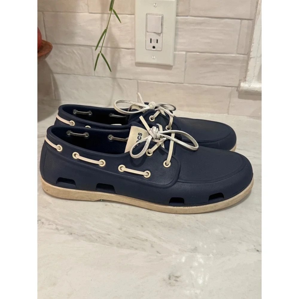 Crocs Beach Line Boat Shoe Mens 11 Navy Blue White 206338 Nautical Casual